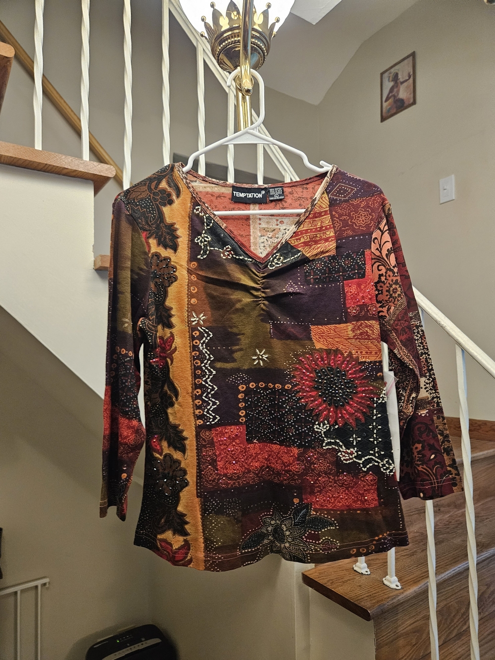 Temptations Patchwork Like V-Neck Long-Sleeve Top in Multicolor